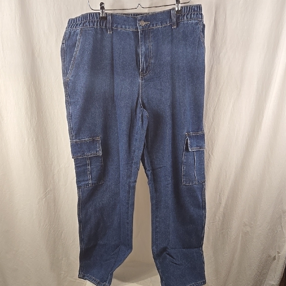 Blue Denim Cargo Pants with Elastic Waistband